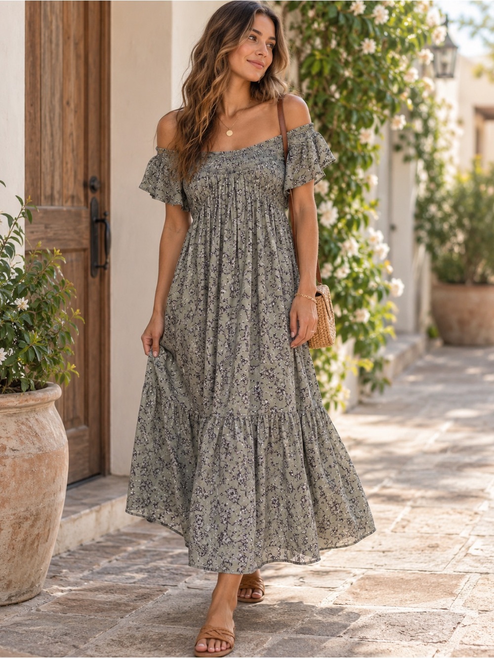 Easel Midi Smocked Off-Shoulder Floral Maxi Dress